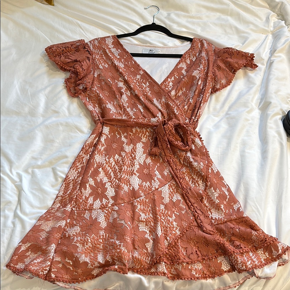 Elegant Lace Wrap Dress in Rust